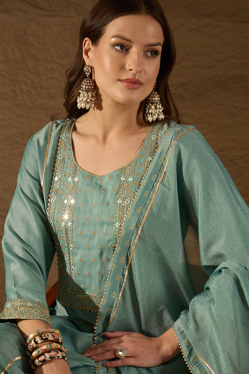 Sea Green Silk Blend Solid Embroidered Anarkali Suit Set PKSKD2036 | D