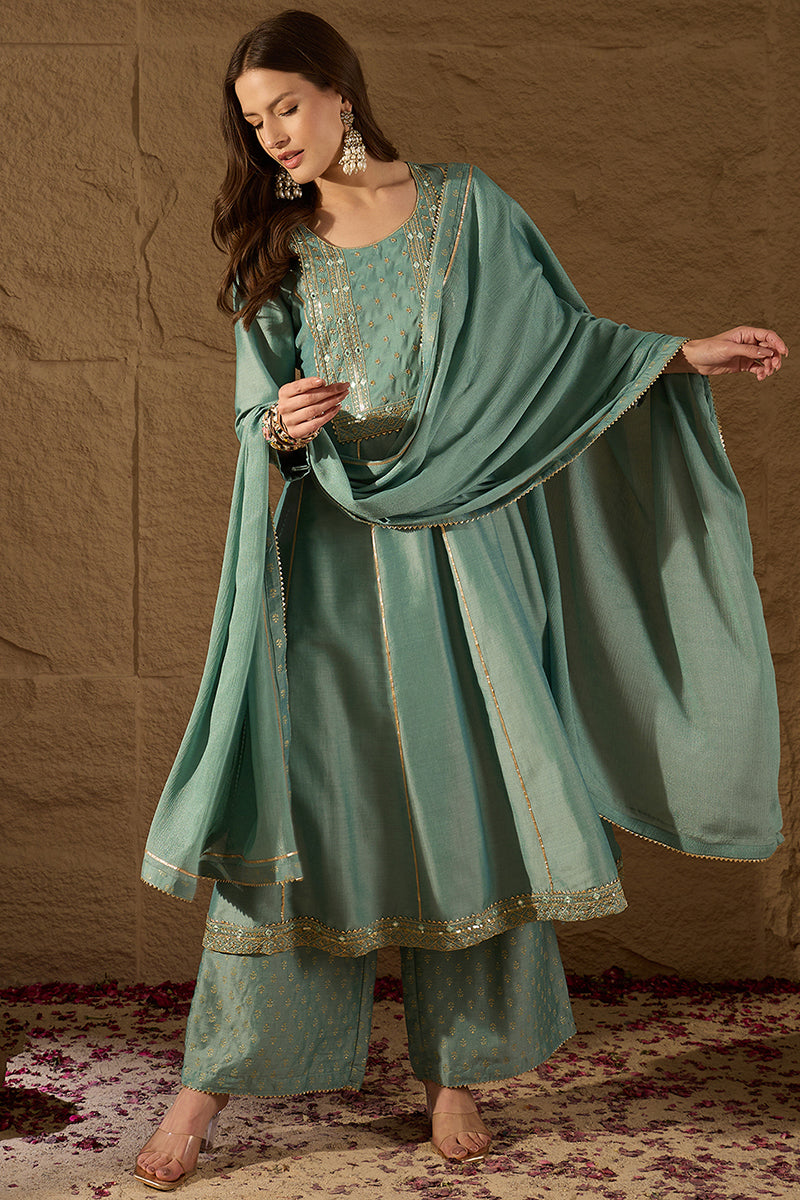 Sea Green Silk Blend Solid Embroidered Anarkali Suit Set PKSKD2036 | D