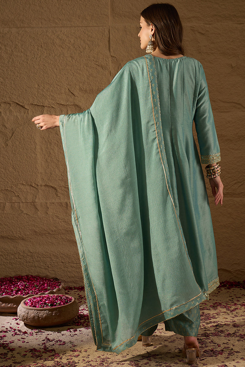 Sea Green Silk Blend Solid Embroidered Anarkali Suit Set PKSKD2036 | D