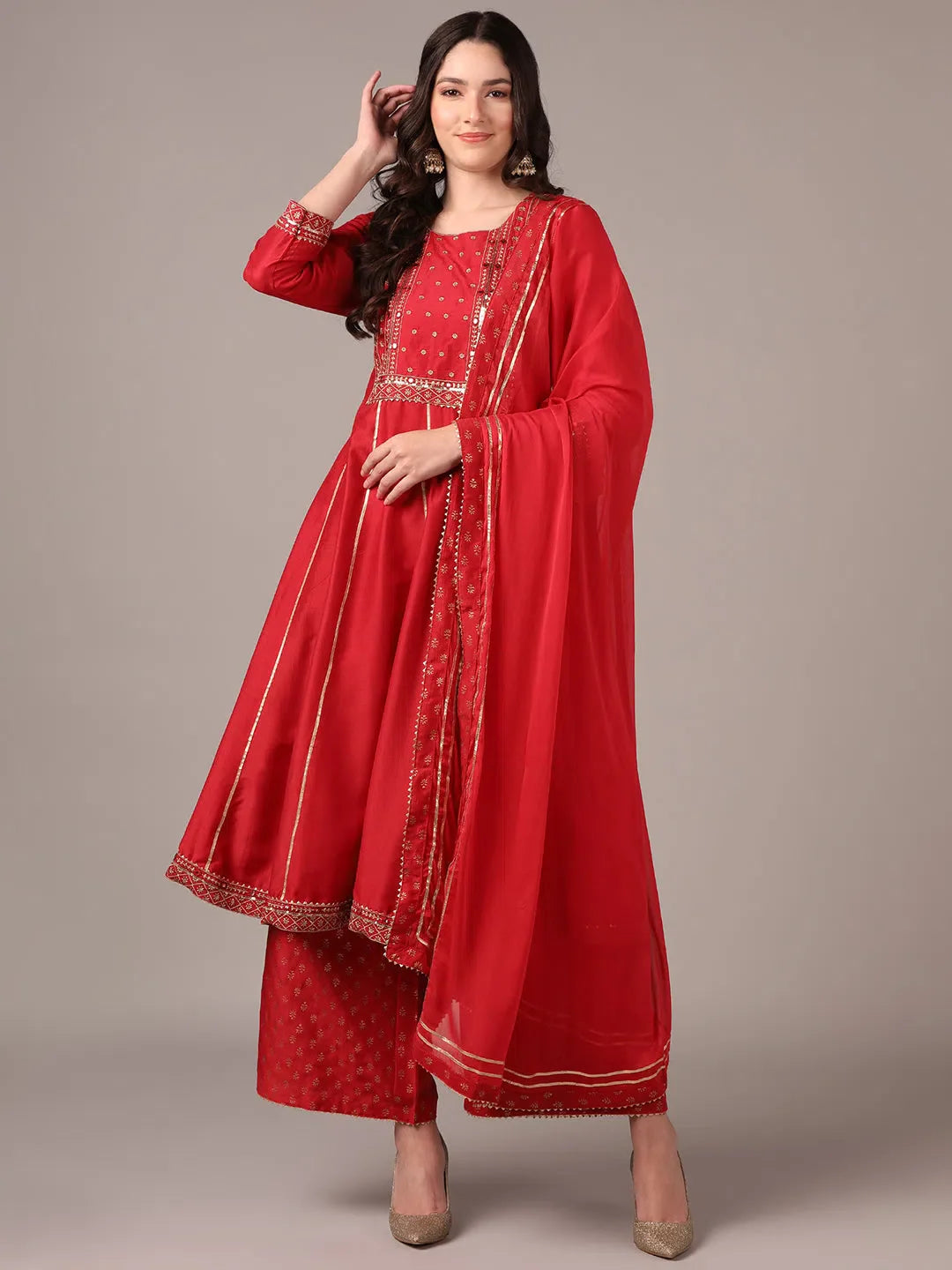 Women Red Silk Blend Solid Yoke Design Zari Anarkali Kurta Palazzo With Dupatta-PKSKD2038