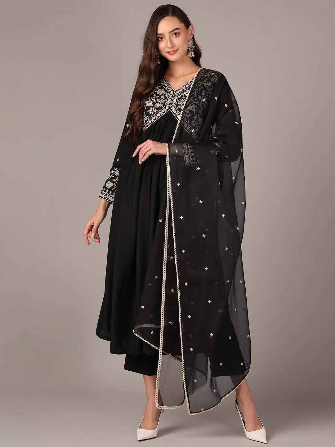 Women Black Silk Blend Solid Thread Work Anarkali Kurta Trouser With Dupatta