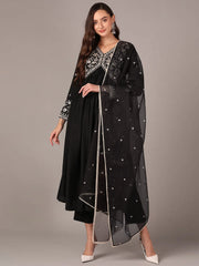 Women Black Silk Blend Solid Thread Work Anarkali Kurta Trouser With Dupatta
