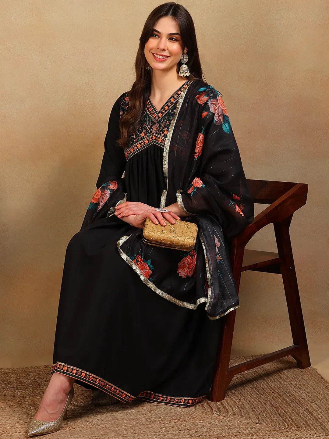 Trending Black Embroidered Kurta Set with Dupatta | Women's Indian Kurta