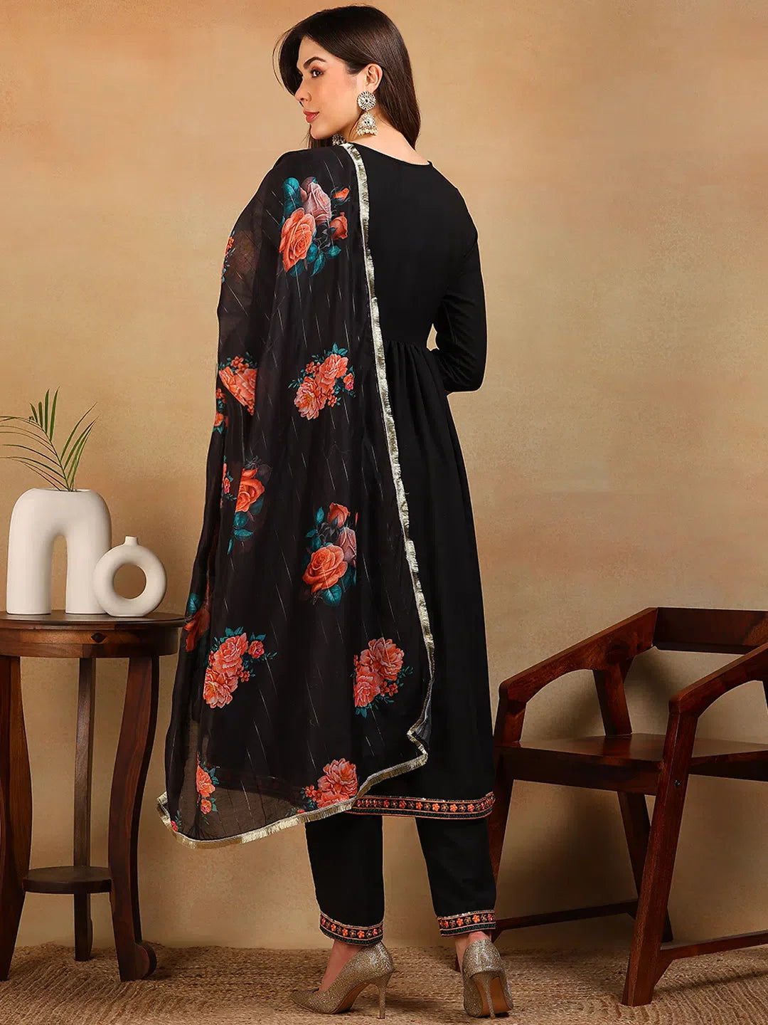 Trending Black Embroidered Kurta Set with Dupatta | Women's Indian Kurta