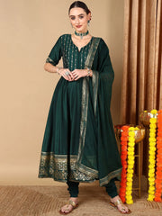 Women Green Silk Blend Solid Woven Design Kurta Churidar With Dupatta-PKSKD2051