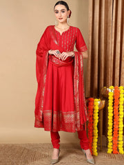 Women Red Silk Blend Solid Woven Design Kurta Churidar With Dupatta-PKSKD2052