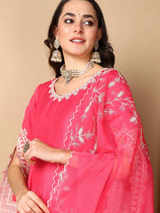 Women Pink Silk Blend Embroidered Anarkali Kurta Pant Set With Dupatta-PKSKD2071