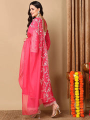 Women Pink Silk Blend Embroidered Anarkali Kurta Pant Set With Dupatta-PKSKD2071