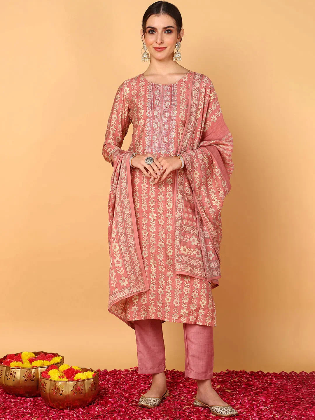 Women Pink Silk Blend Floral Printed Straight Suit Set