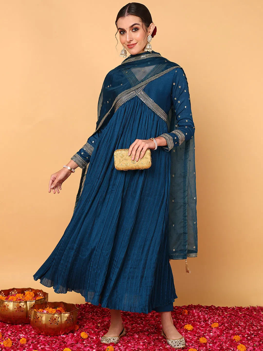 Women Blue Silk Blend Solid Embroidered Flared Suit Set