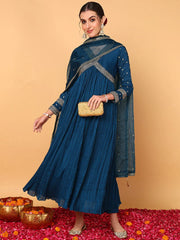 Women Blue Silk Blend Solid Embroidered Flared Suit Set
