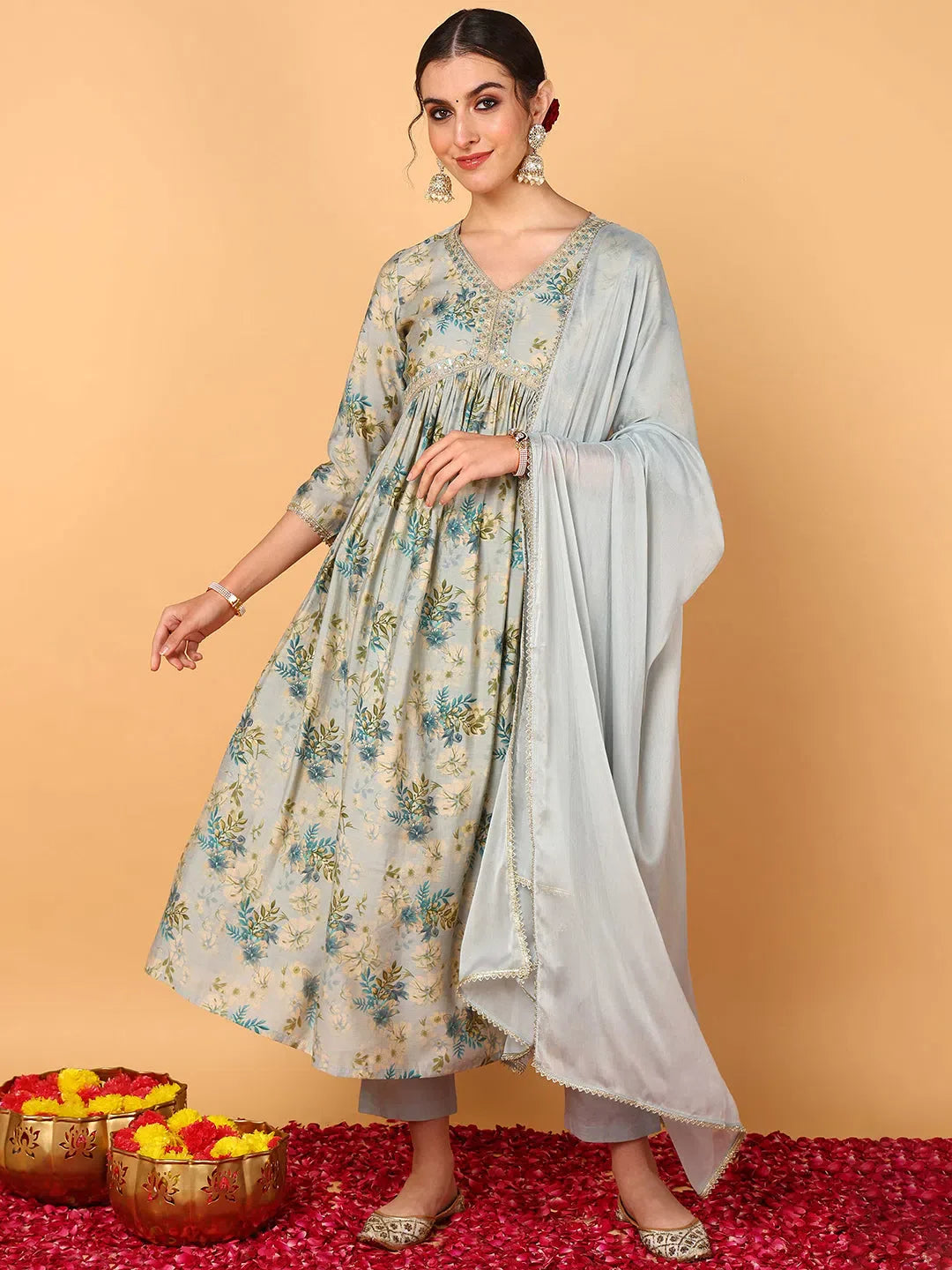 Grey Silk Blend Anarkali Kurta Pant Set | Women's Kurta Sets