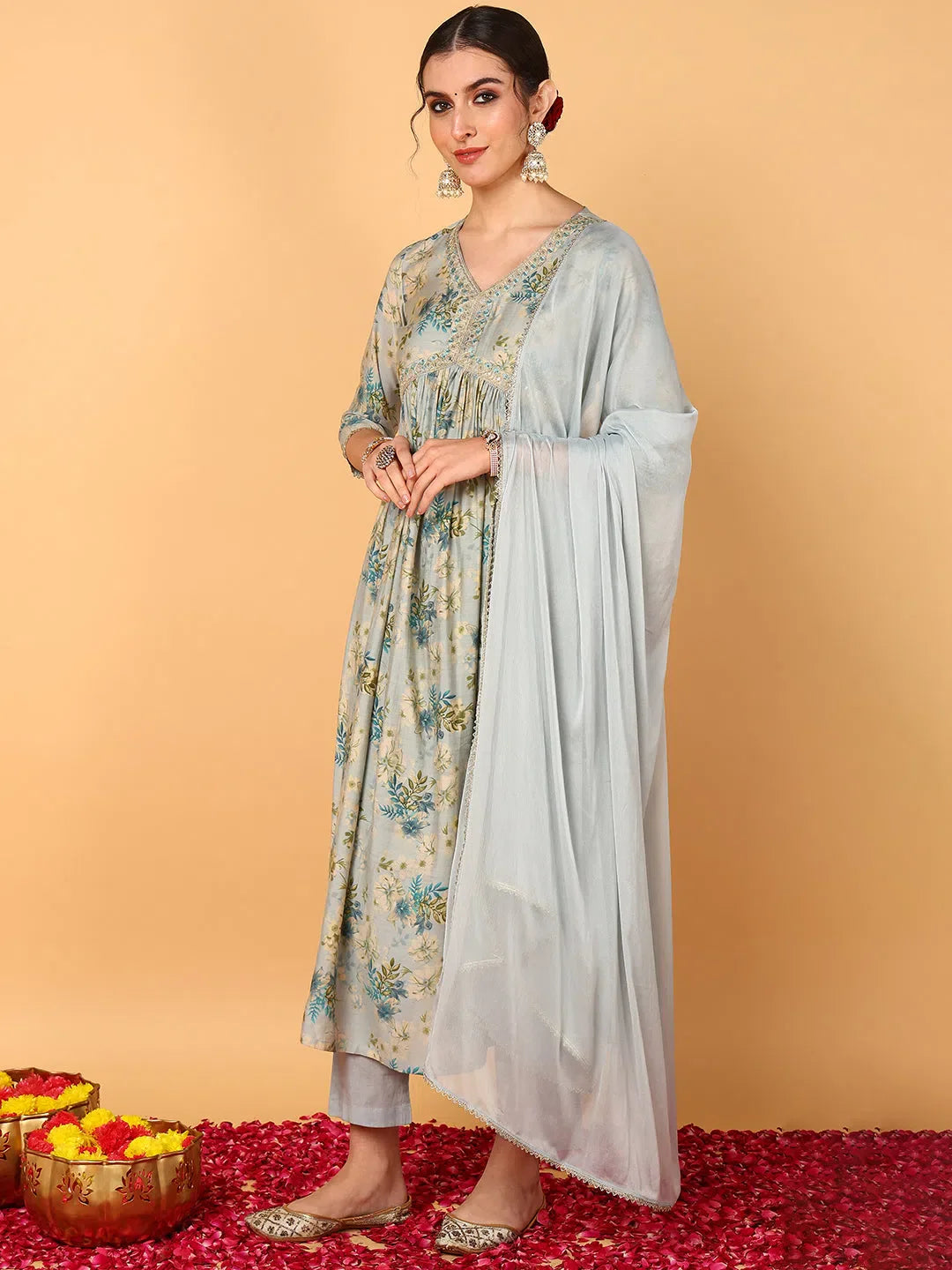 Grey Silk Blend Anarkali Kurta Pant Set | Women's Kurta Sets