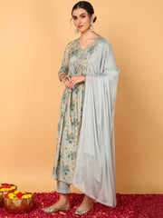 Women Grey Silk Blend Embroidered Anarkali Kurta Pant Set With Dupatta