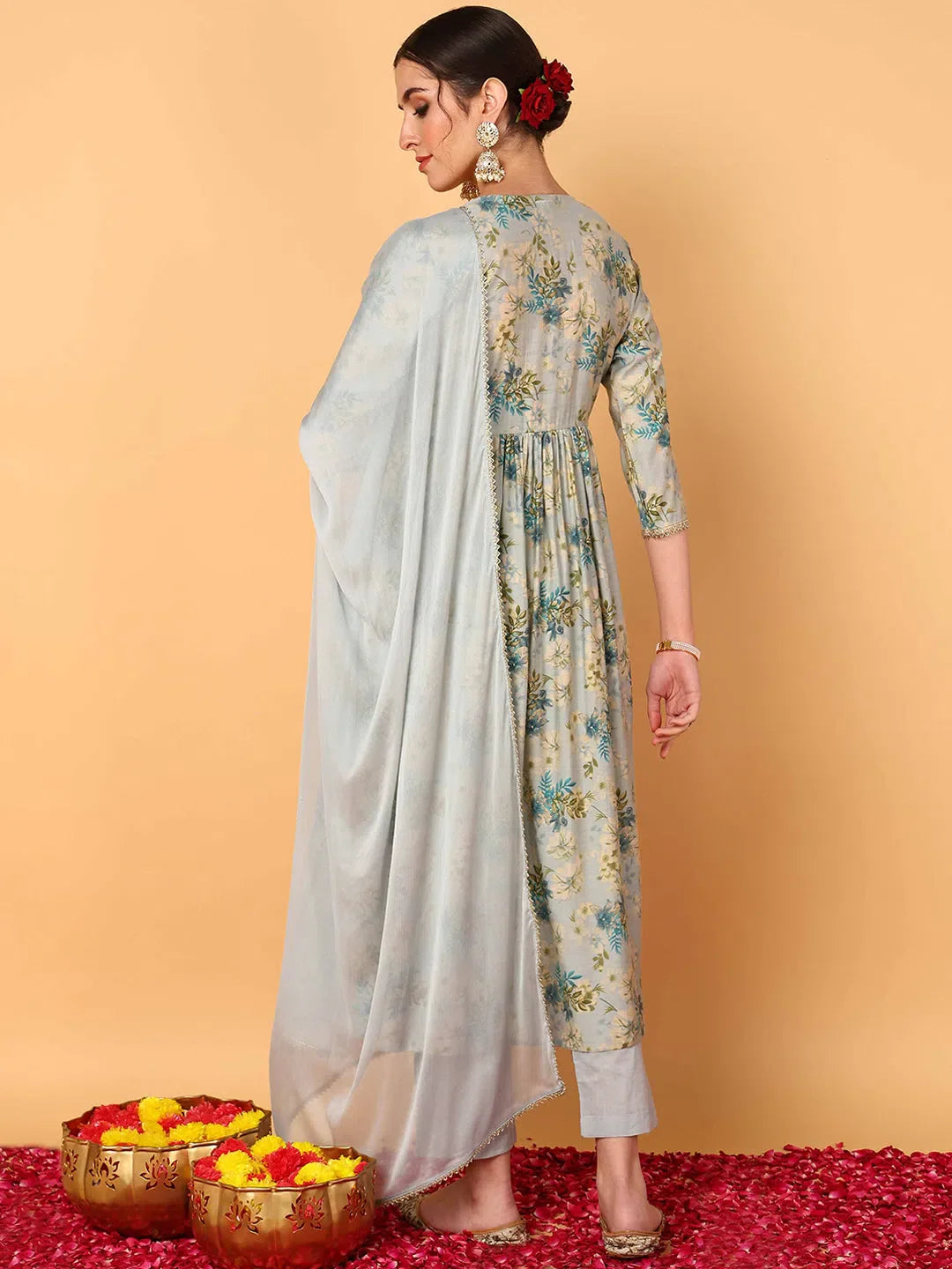 Grey Silk Blend Anarkali Kurta Pant Set | Women's Kurta Sets