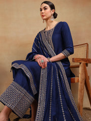 Women Blue Silk Blend Embroidered Straight Kurta Palazzo Set With Dupatta