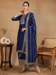 Women Blue Silk Blend Embroidered Straight Kurta Palazzo Set With Dupatta