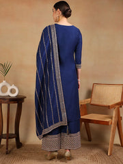 Women Blue Silk Blend Embroidered Straight Kurta Palazzo Set With Dupatta
