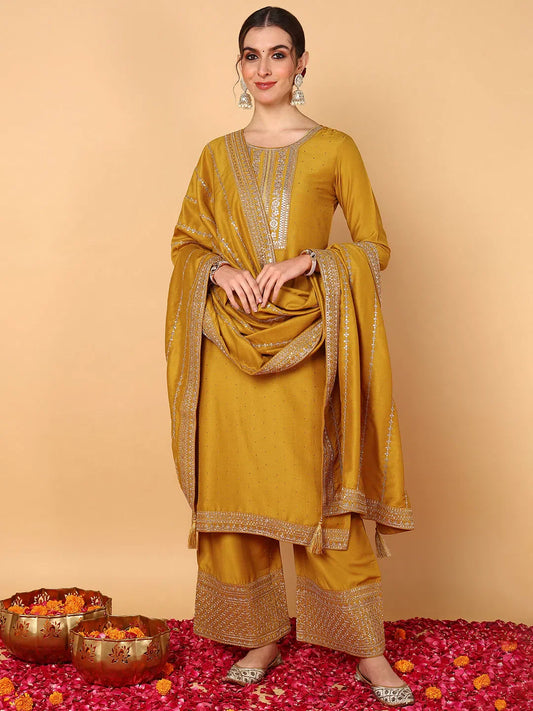 Women Mustard Silk Blend Solid Embroidered Straight Suit Set 1080