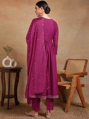Women Pink Silk Blend Embroidered Anarkali Kurta Pant Set With Dupatta-PKSKD2101A