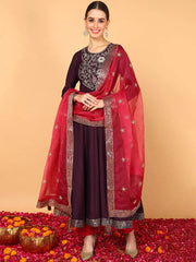 Women Purple Silk Blend Solid Yoke Design Flared Kurta Trouser With Dupatta