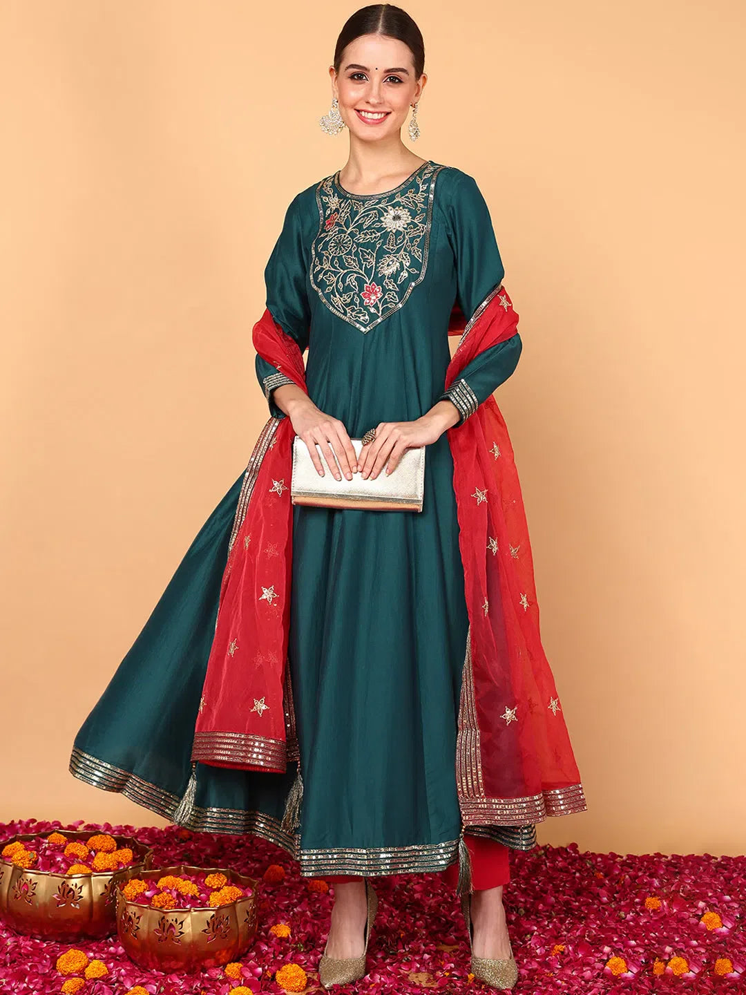 Women Green Silk Blend Solid Yoke Design Flared Kurta Trouser With Dupatta