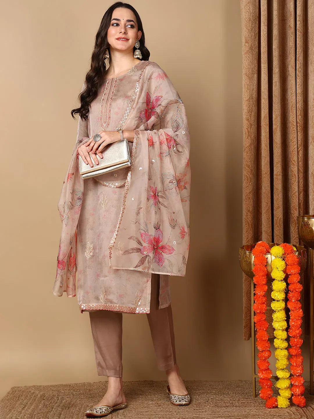 Women Beige Organza Embroidered Straight Kurta Pant Set With Dupatta-PKSKD2104