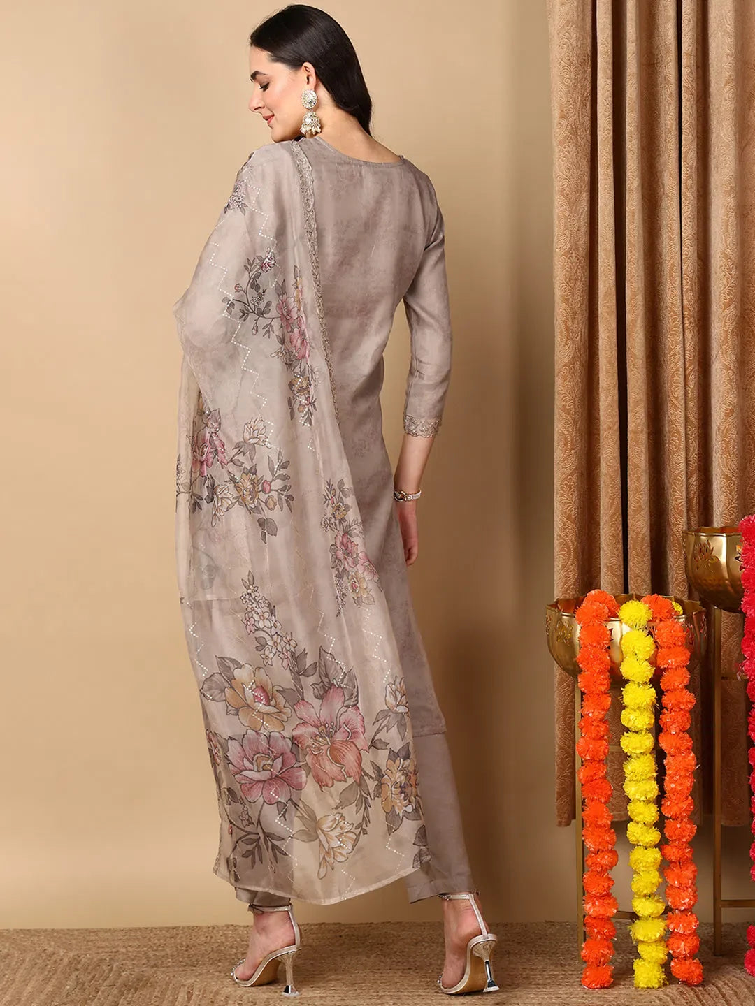 Women Beige Organza Embroidered Straight Kurta Pant Set With Dupatta-PKSKD2105