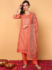 Women Coral Organza Ethnic Motifs Embroidered Straight Kurta Trouser With Dupatta