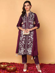 Women Purple Silk Blend Solid Embroidered Straight Kurta Trouser With Dupatta-PKSKD2107