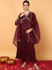 Women Maroon Silk Blend Solid Embroidered Flared Suit Set