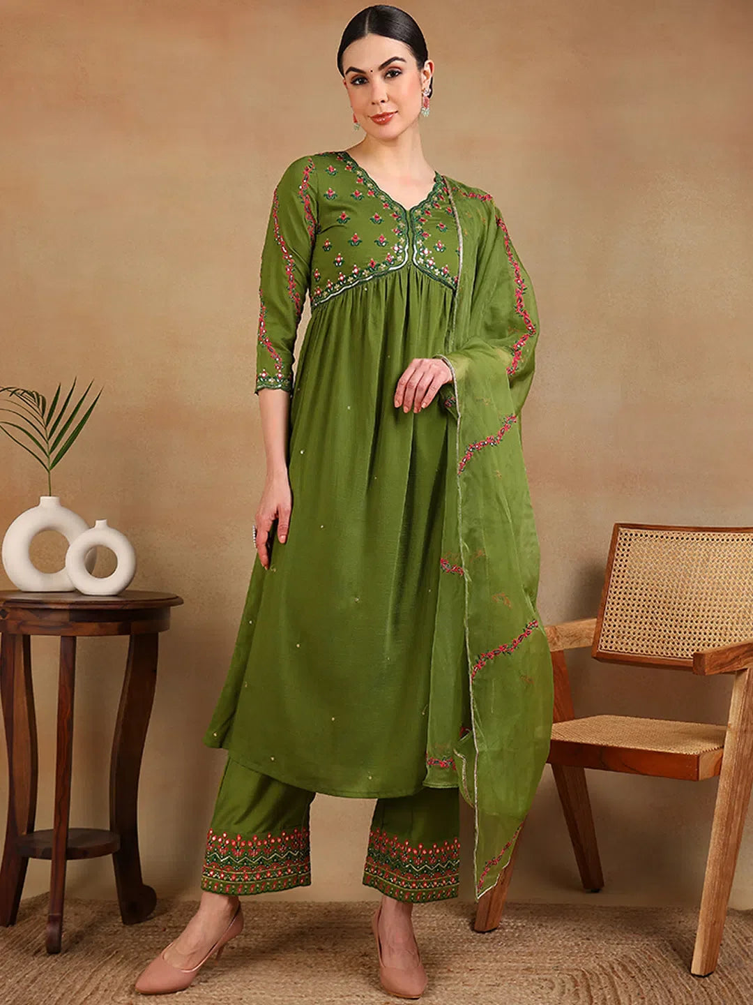 Green Anarkali Kurta Pant Set With Dupatta - Indian Kurta Sets