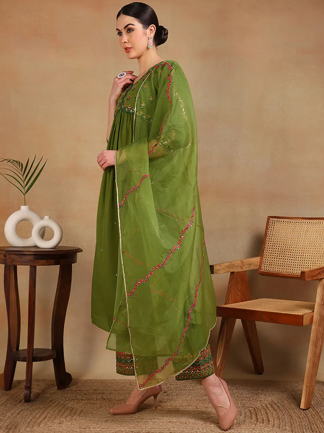 Green Anarkali Kurta Pant Set With Dupatta - Indian Kurta Sets