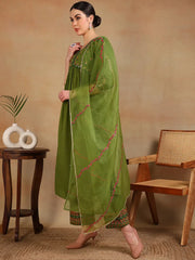Women Green Silk Blend Embroidered Anarkali Kurta Pant Set With Dupatta-PKSKD2116A