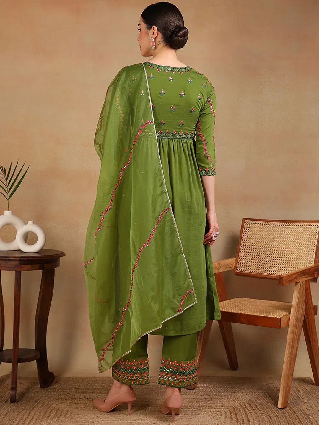 Green Anarkali Kurta Pant Set With Dupatta - Indian Kurta Sets