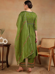 Women Green Silk Blend Embroidered Anarkali Kurta Pant Set With Dupatta-PKSKD2116A