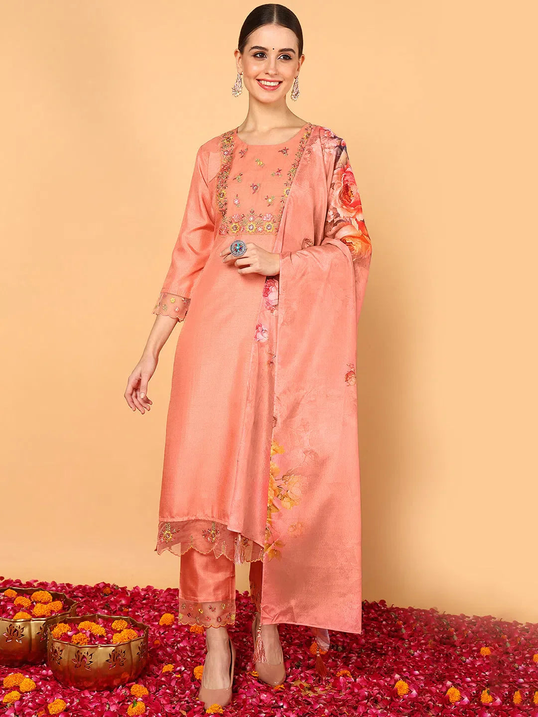 Women Peach Silk Blend Solid Yoke Design Straight Kurta Trouser With Dupatta