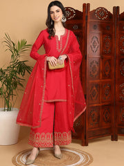 Women Fuchsia Silk Blend Embroidered Straight Kurta Palazzo Set With Dupatta