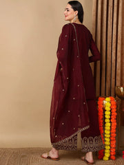 Women Burgundy Silk Blend Embroidered Straight Kurta Palazzo Set With Dupatta-PKSKD2123