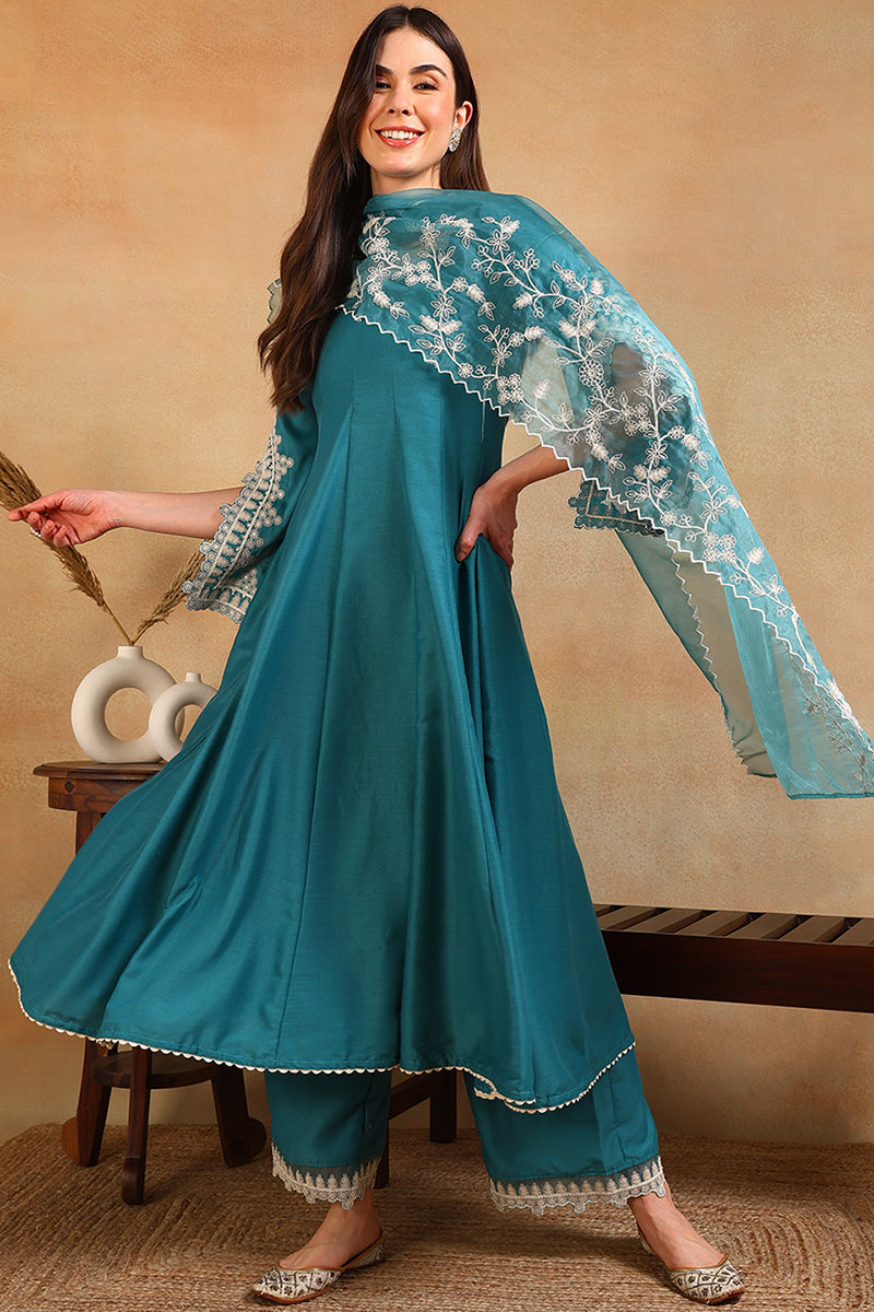 DesiQlo Women Silk Blend Indian Ethnic Set - Blue PKSKD2127
