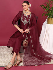 Women Burgundy Silk Blend Solid Yoke Design Straight Kurta Trouser With Dupatta