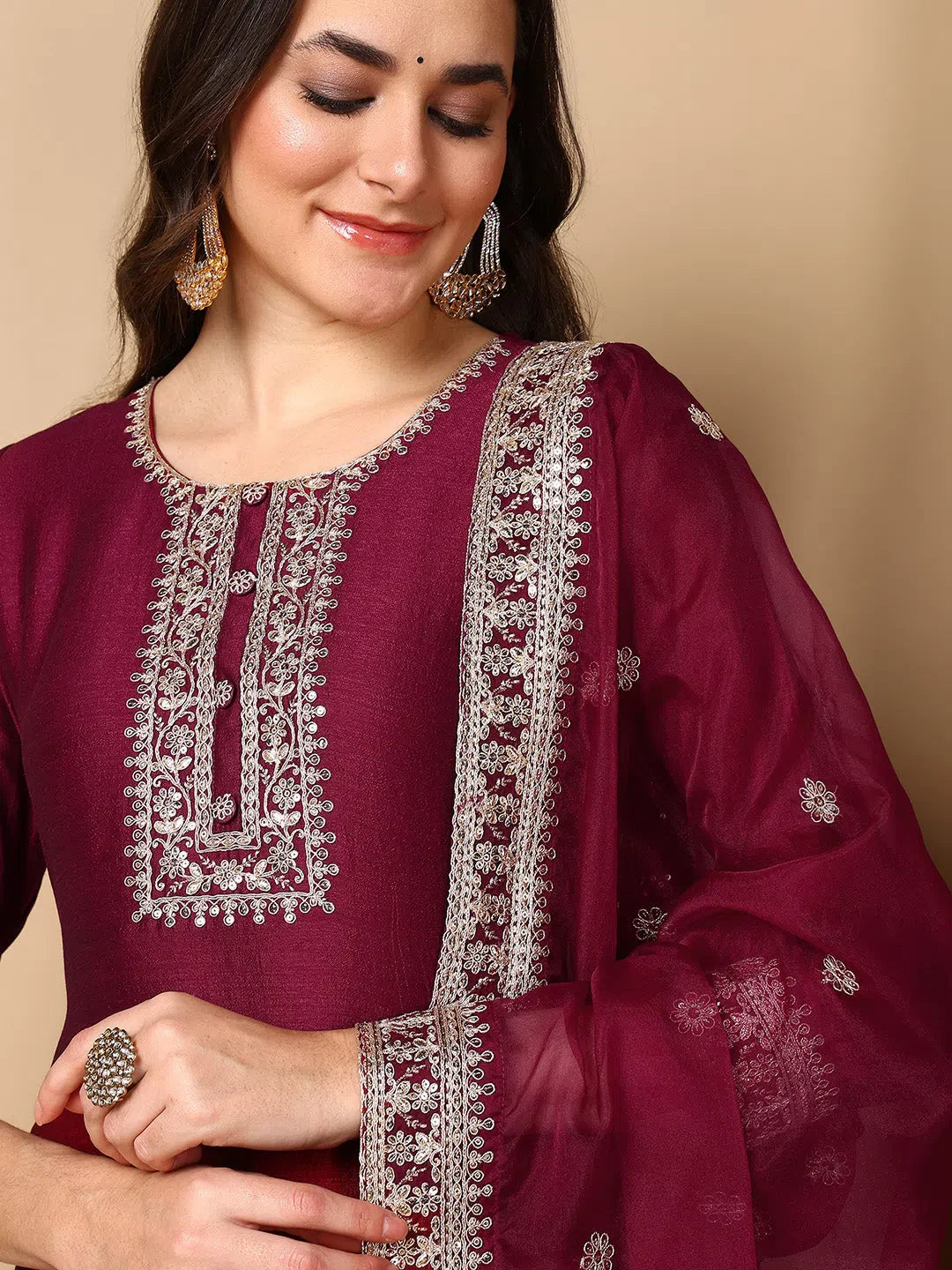 Maroon Embroidered Kurta Set with Dupatta | Women's Kurta Set