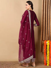 Women Maroon Silk Blend Embroidered Straight Kurta Pant Set With Dupatta-PKSKD2134