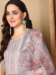 Women Grey Organza Embroidered Straight Kurta Pant Set With Dupatta-PKSKD2135