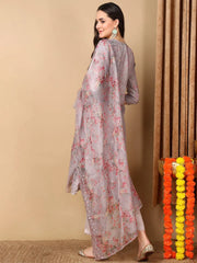 Women Grey Organza Embroidered Straight Kurta Pant Set With Dupatta-PKSKD2135