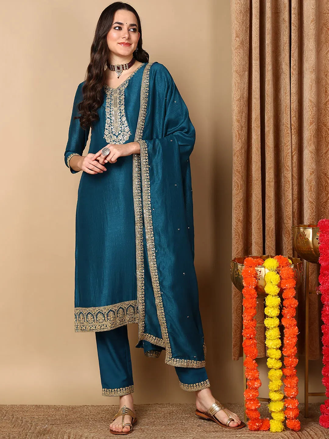 Women Teal Silk Blend Embroidered Straight Kurta Pant Set With Dupatta-PKSKD2136