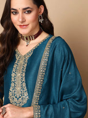 Women Teal Silk Blend Embroidered Straight Kurta Pant Set With Dupatta-PKSKD2136