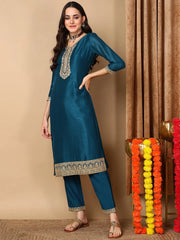 Women Teal Silk Blend Embroidered Straight Kurta Pant Set With Dupatta-PKSKD2136