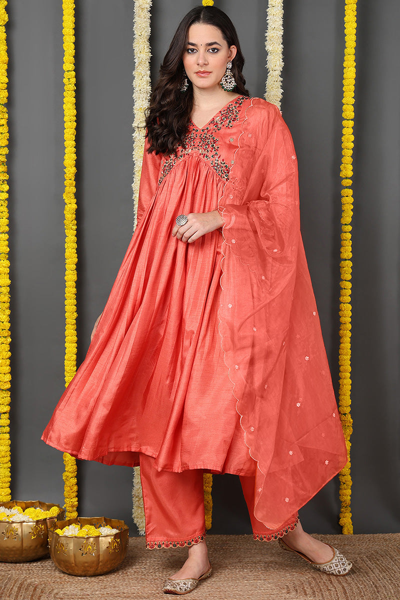 DesiQlo Women Silk Blend Indian Ethnic Set - Orange PKSKD2145