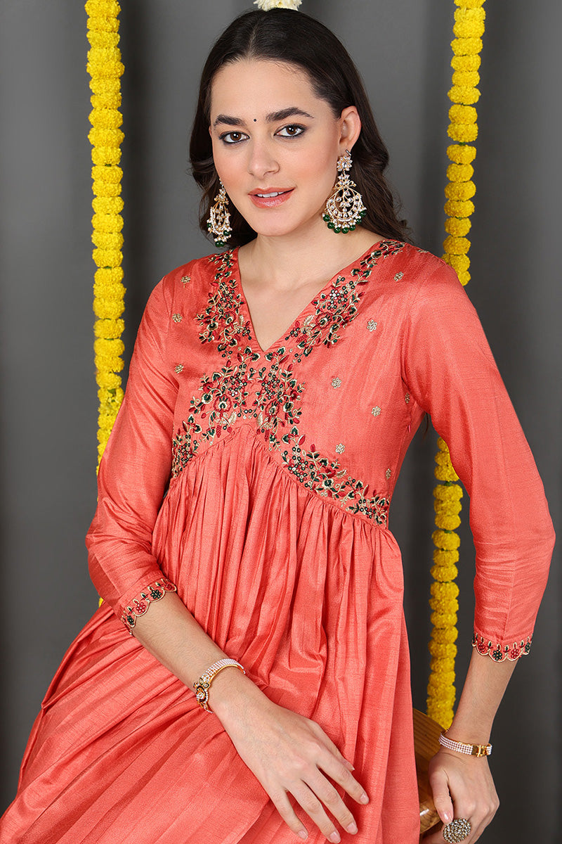 DesiQlo Women Silk Blend Indian Ethnic Set - Orange PKSKD2145